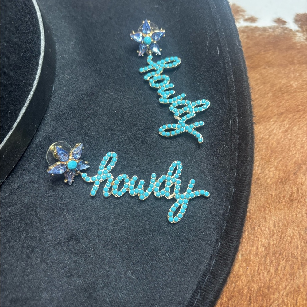 Turquoise Howdy Rhinestone Earrings - Picture 2 of 2